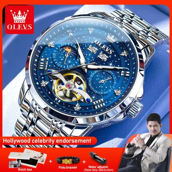 OLEVS 6690 Mens Watch Original Brand Tourbillon Multifunctional Mechanical Watch Astral Dial Watches For Men Moon Phase Reloj 1