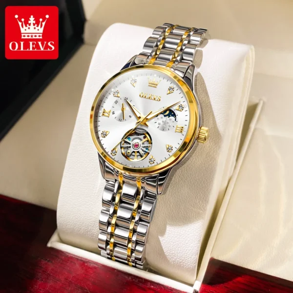 OLEVS Luxury Fashion Women's Watches Waterproof Moon Phase Hollow Out Fully Automatic Mechanical Watch Bracelet Necklace Set 1