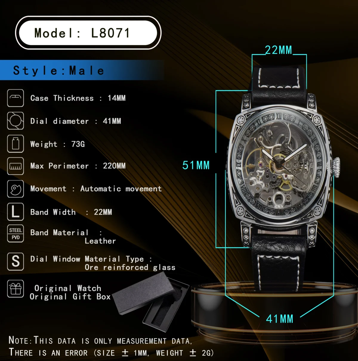 LONGLUX automatic watch retro style wholesale mechanical wristwatches skeleton carve waterproof leather no logo mens watch 5