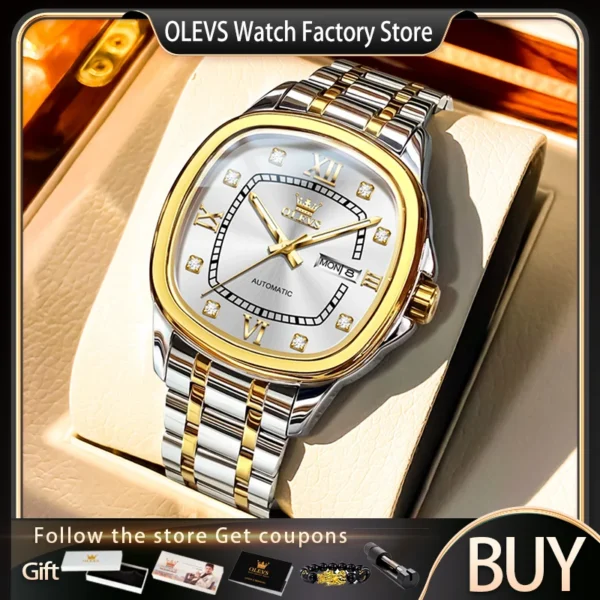 OLEVS Men's Watches Original Dual Calendar Waterproof Stainless Steel Automatic Mechanical Watch Fashion Diamond Scale Man Watch 2
