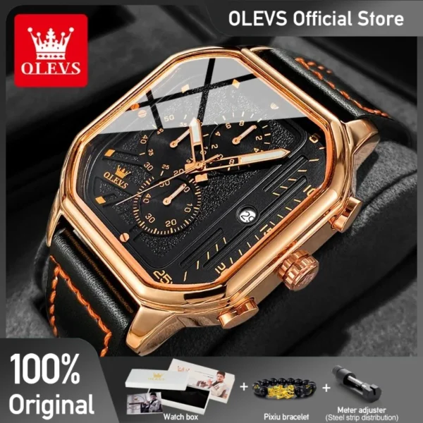 OLEVS 9950 Mens Watch Original Top Brand Square Quartz Wristwatch Waterproof Leather Strap Sport Clock Male Reloj Watch For Men 1