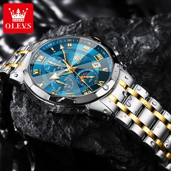 OLEVS Original Brand Men's Watches Moon Phase Multifunctional Chronograph Prism mirror Quartz Watch Waterproof  Watches for Man 2