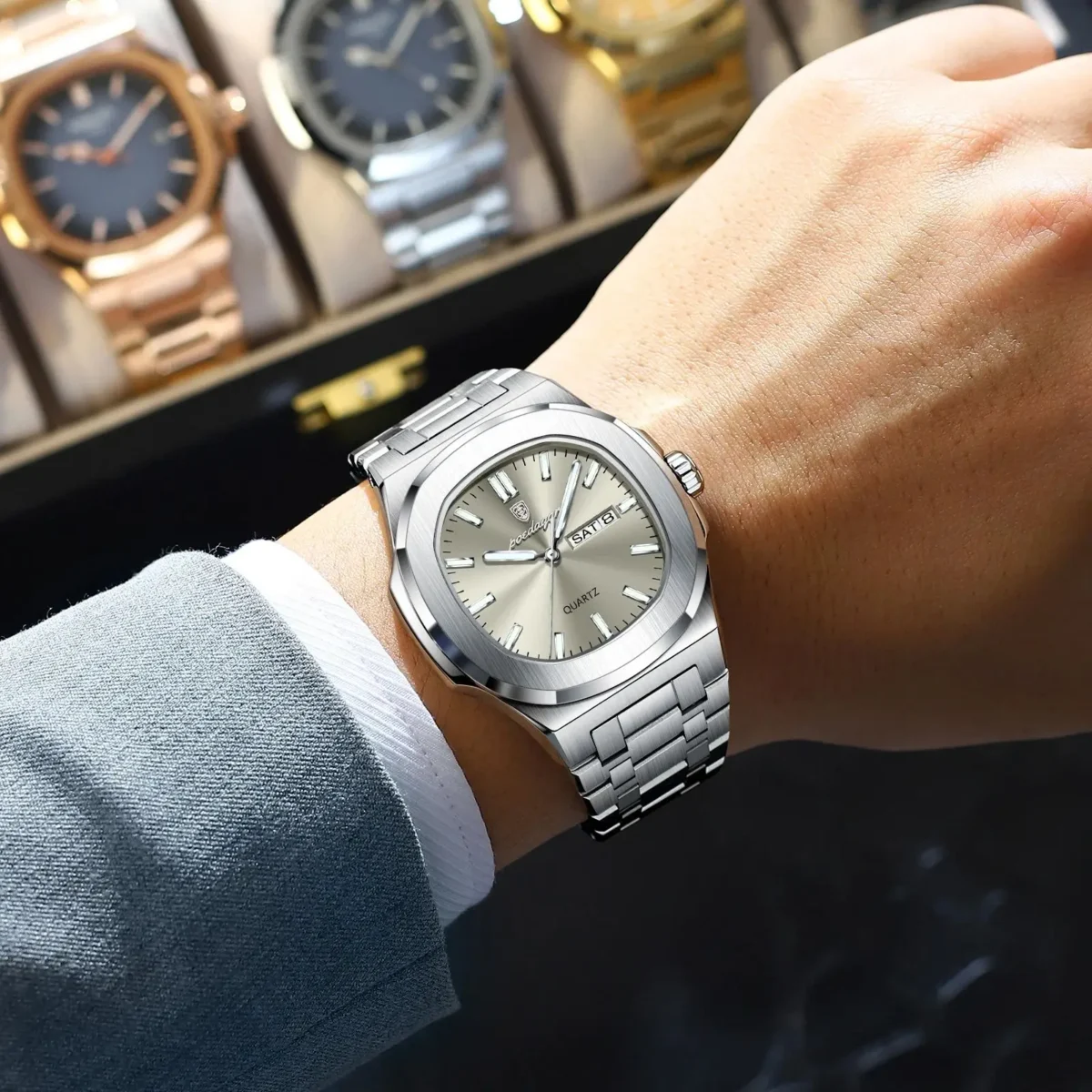 POEDAGAR Luxury Military Man Watch Square Waterproof Luminous Date Week Men Watch Stainless Steel Quartz Men's Watches Reloj+box 5