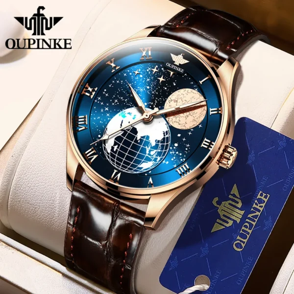 OUPINKE 3177 Luxury Men's Watches Comfortable Leather Strap Automatic Mechanical Watch for Man Starry Sky Earth Dial Sapphire 1
