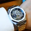 Forsining Silver Automatic Watch Men 3D Diamond Dial Irregular Tourbillon Skeleton Mechanical Wristwatches Luminous Hands Clock 4