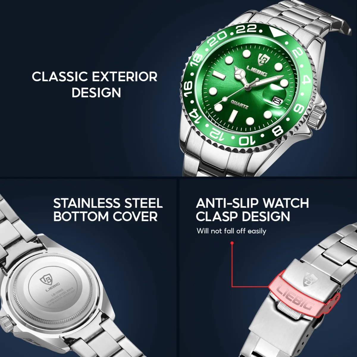 LIEBIG Luxury Movement Quartz Watches Fashion Business Time Watch Waterproof Stainless Steel Strap Wristwatches For Men Women 5