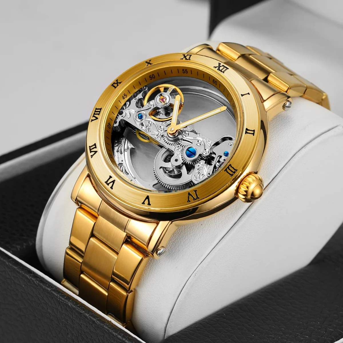 Vintage Mechanical Watches Golden Bridge Skeleton Automatic Mens Watch Luxury Genuine Leather Belt Carved Movement Luminous Hand 4