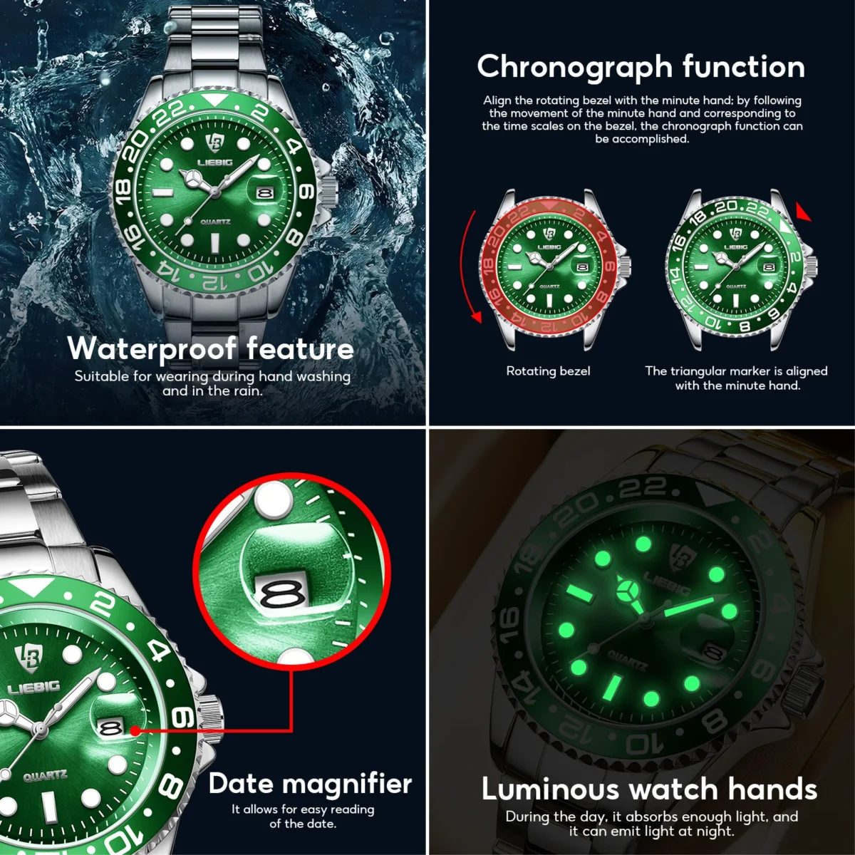 LIEBIG Fashion Luxury Movement Quartz Watches Business Time Watch Waterproof Stainless Steel Strap Wristwatches For Men Women 4