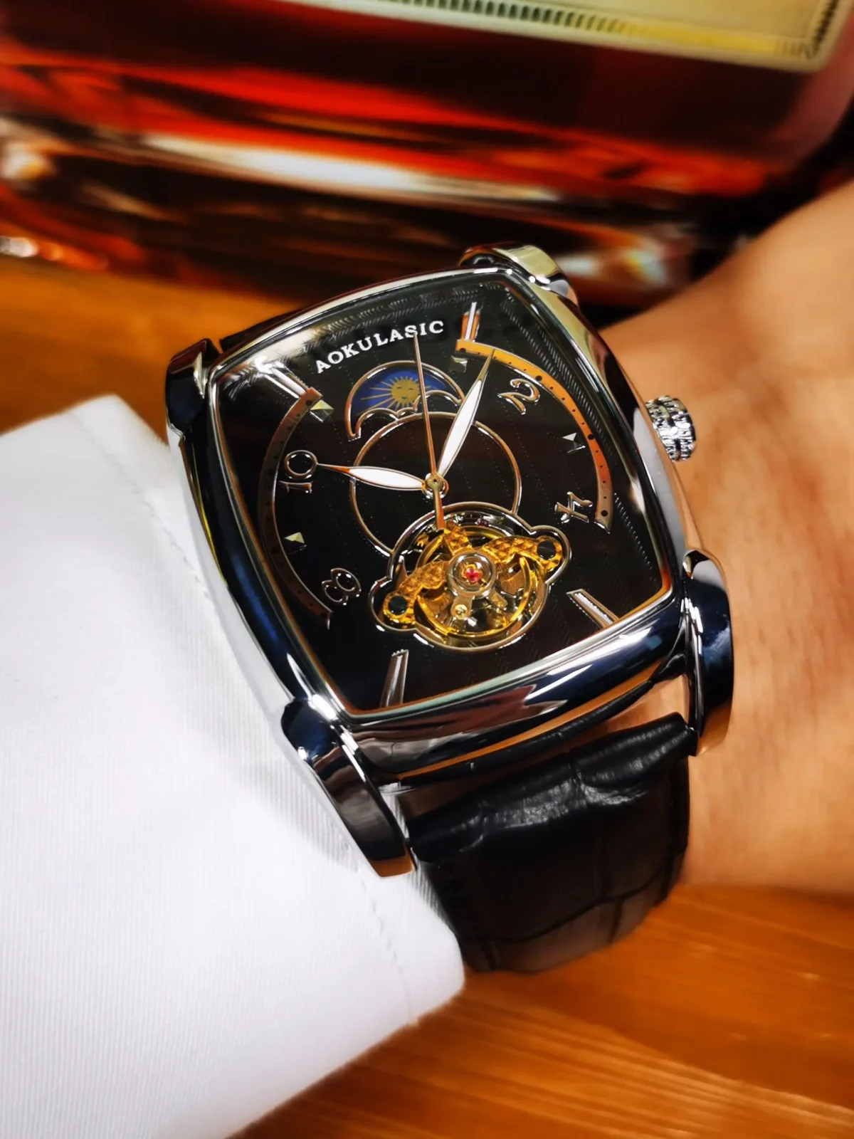 Tonneau Moon Phase Automatic Watch for Men Luxury Brand Tourbillon Skeleton Mechanical Watches Leather Belt Luminous Hands Clock 6