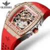 OUPINKE Ladies Mechanical Watch Automatic Skeleton Red Strap Fashion Diamond Crystal Evening Banquet Dress Watches for Women 1