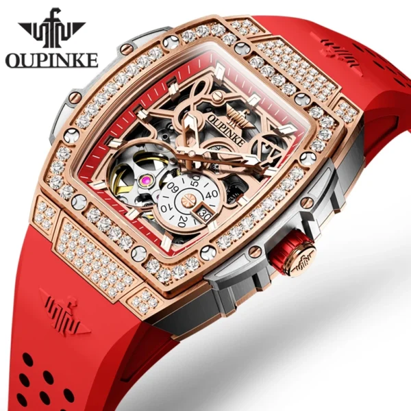 OUPINKE Ladies Mechanical Watch Automatic Skeleton Red Strap Fashion Diamond Crystal Evening Banquet Dress Watches for Women 1