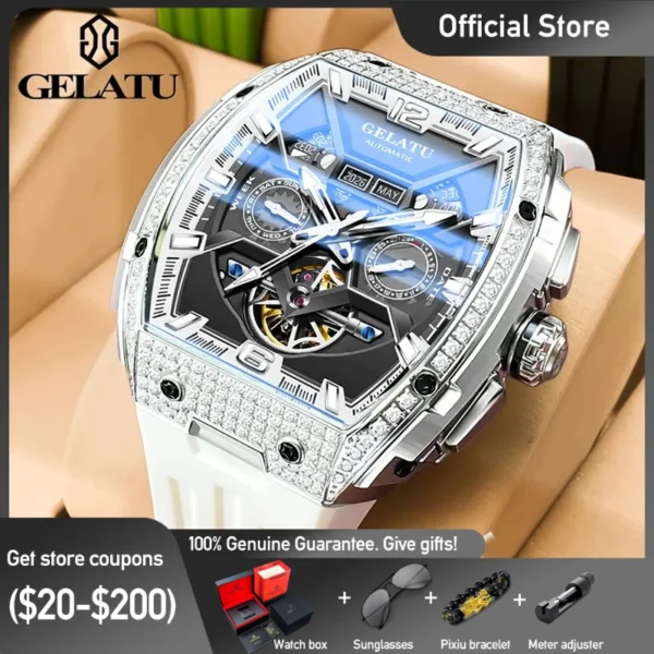 GELATU Top Brand Men's Watches Full Automatic Wristwatch for Man Hollow Mechanical Flywheel Date Week Waterproof Luminous 1