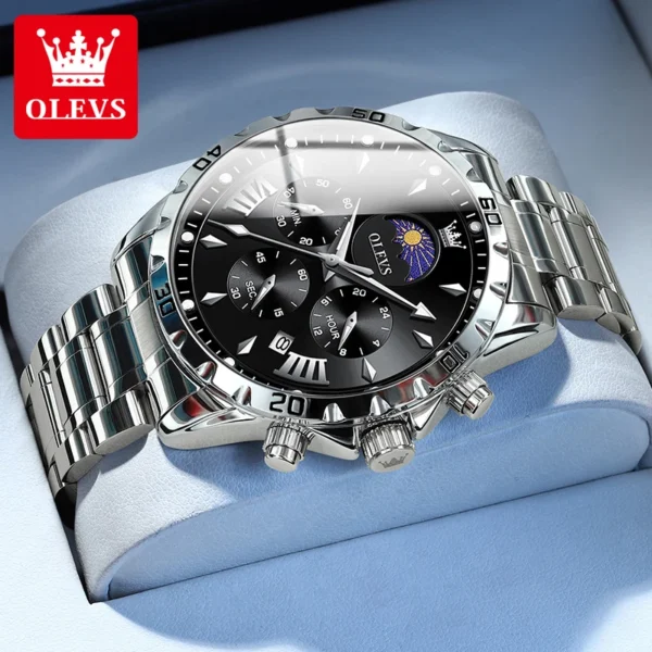 OLEVS Original Moon Phase Men Watches Luminous Skeleton Waterproof Quartz Watch Calendar Chronograph Stainless Steel Wristwatch 2