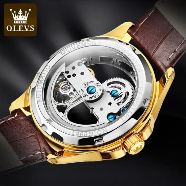 OLEVS Luxury Men Watches Automatic Mechanical Wristwatch Skeleton Design Waterproof Leather Strap Male Watch Reloj Hombre 2