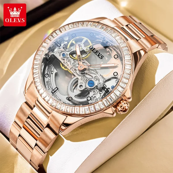 OLEVS Fashion Elegant Women's Automatic Mechanical Watches Rose Stainless Steel Hollow out Design Diamond Dial Luminous Watch 1
