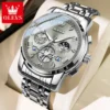 OLEVS Top Brand Men's Watches Classic Three Eyes Style Stainless Steel Quartz Watch Waterproof Luminous Moon Phase Wristwatch 2