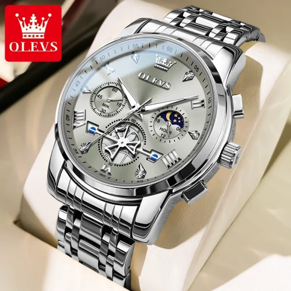 OLEVS Top Brand Men's Watches Classic Three Eyes Style Stainless Steel Quartz Watch Waterproof Luminous Moon Phase Wristwatch 2