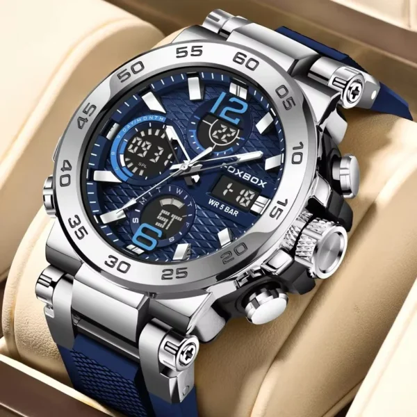 FOXBOX Sports Mens Watches 5ATM Waterproof Dual Display Quartz Wristwatch Chronograph Alarm Date Week Watch Man Silicone Strap 1