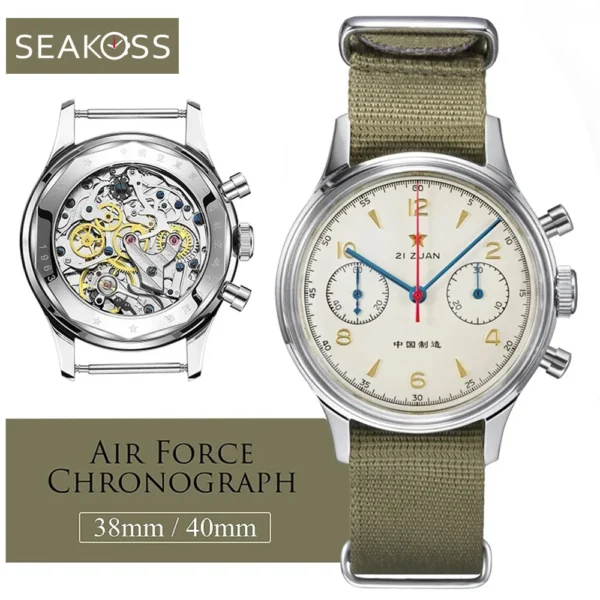 SEAKOSS 38mm Men's 1963 Chronograph Mechanical Watches Pilot with Seagull Movement ST1901 Air Force Aviation Sapphire Goose 40mm 1
