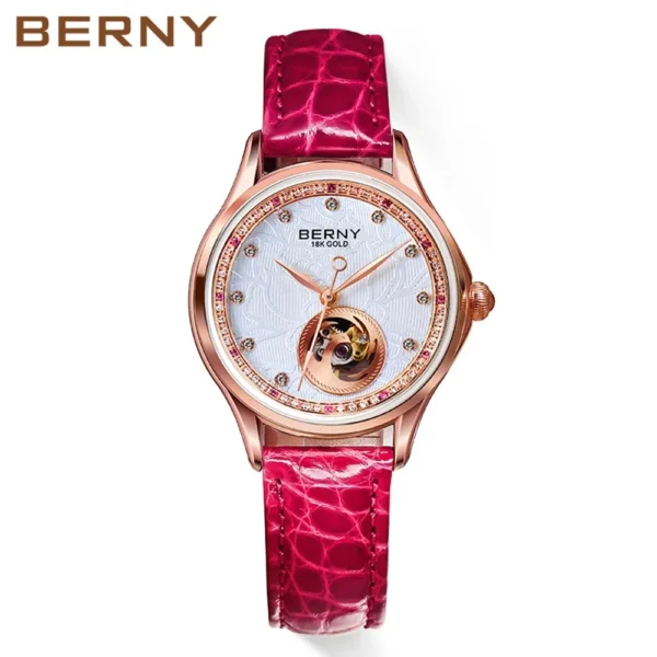 BERNY Luxury 18K Gold Mechanical Watch for Women Automatic Self-Wind Sapphire Ladies Wristwatch 72 Diamond 5ATM Skeleton Design 1