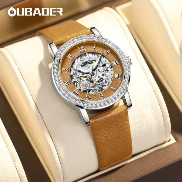 OUBAOER Ladies Mechanical Watch Automatic Skeleton Leather Strap Fashion Diamond Crystal Evening Banquet Dress Watches for Women 1