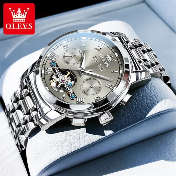 OLEVS Brand Automatic Mechanical Men Watches Waterproof Stainless Steel Strap Watch for Man Skeleton Calendar Hollow out Design 2
