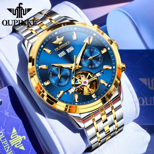 OUPINKE Brand Skeleton Original Watch Sapphire Hollow out Design Automatic Mechanical Watch Luminous Stainless Steel Wrist Watch 1