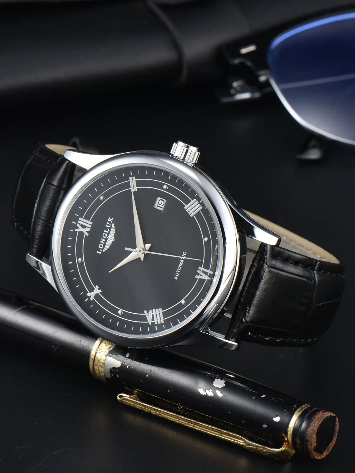 LONGLUX automatic man watch wholesale mechanical watches simple versatile date waterproof fashion leather man watch men gift 2